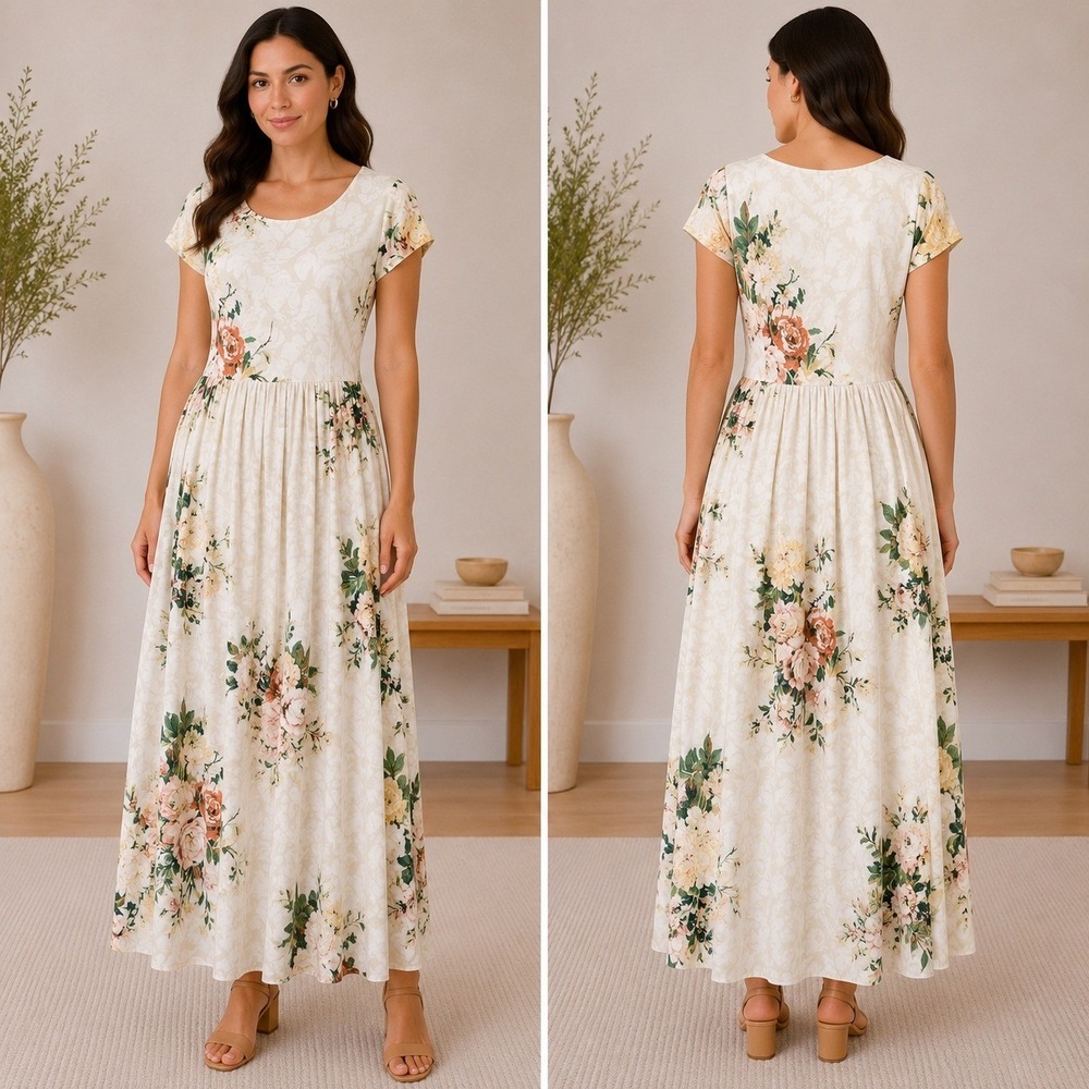 Peruvian Connection Floral Maxi Dress Medium Cream Pockets Viscose Cottagecore
